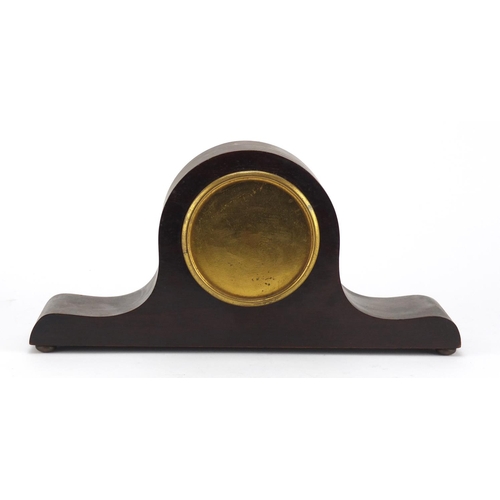 615 - Inlaid mahogany Napoleon hat shaped mantle clock with enamel dial having Arabic numerals, 30.5cm wid... 