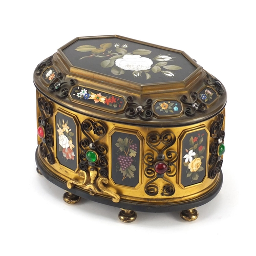 112 - Large Italian ormolu mounted table casket with pietra dura panels inlaid with flowers, set with colo... 