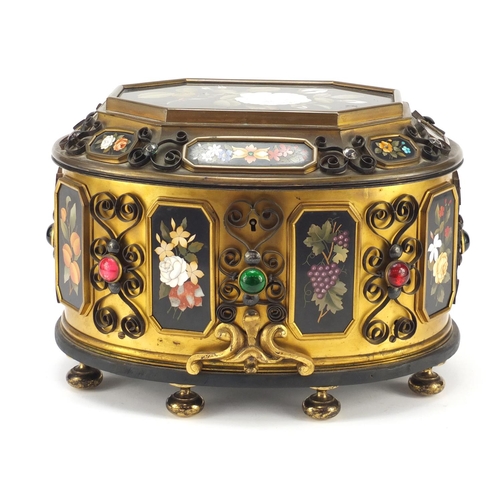 112 - Large Italian ormolu mounted table casket with pietra dura panels inlaid with flowers, set with colo... 