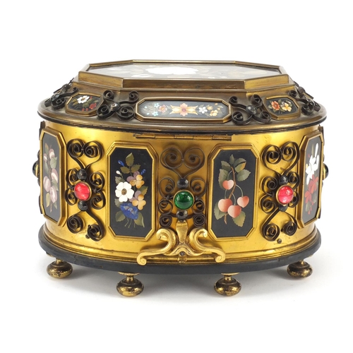 112 - Large Italian ormolu mounted table casket with pietra dura panels inlaid with flowers, set with colo... 