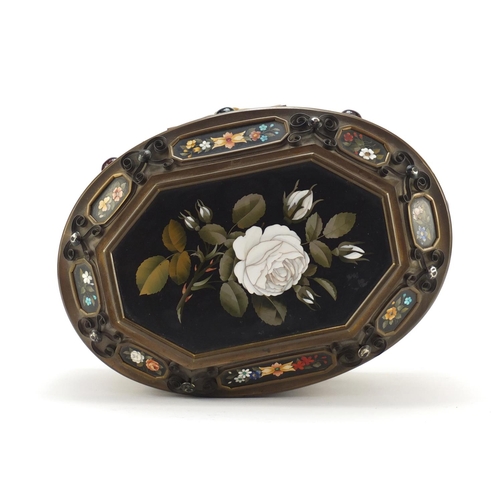 112 - Large Italian ormolu mounted table casket with pietra dura panels inlaid with flowers, set with colo... 