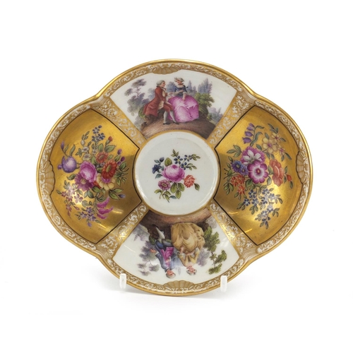 99 - Meissen porcelain dish, hand painted with panels of lovers and flowers, blue crossed sword marks to ... 