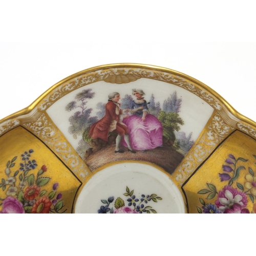 99 - Meissen porcelain dish, hand painted with panels of lovers and flowers, blue crossed sword marks to ... 