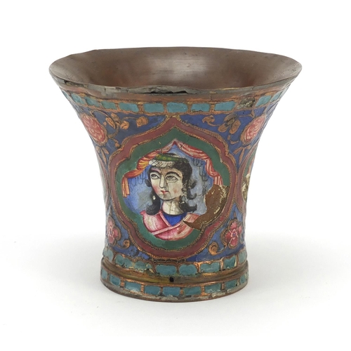 316 - 18th/19th century Turkish enamelled beaker, hand painted with noble portraits, 7.5cm high