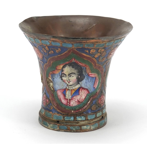 316 - 18th/19th century Turkish enamelled beaker, hand painted with noble portraits, 7.5cm high