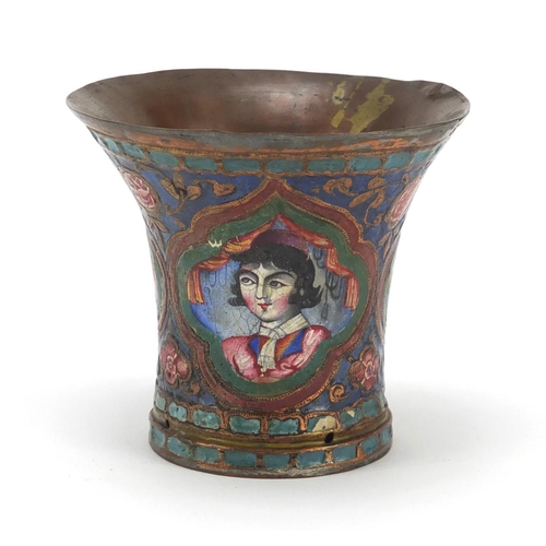 316 - 18th/19th century Turkish enamelled beaker, hand painted with noble portraits, 7.5cm high