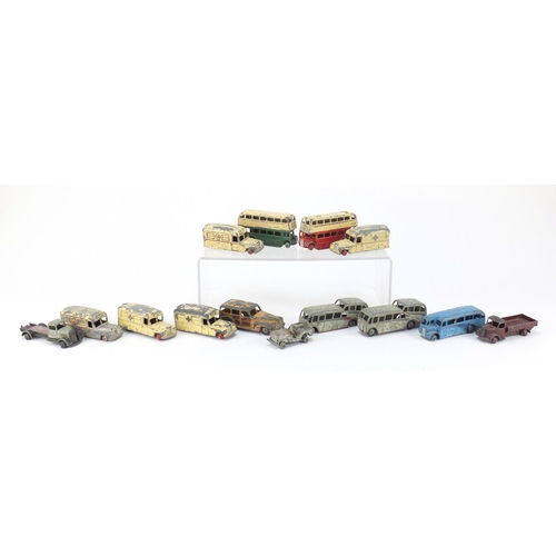 898 - Vintage Dinky die cast vehicles including flat bed lorry, Daimler ambulance and busses