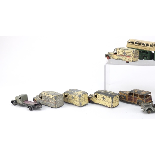 898 - Vintage Dinky die cast vehicles including flat bed lorry, Daimler ambulance and busses