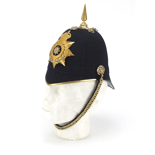 906 - Victorian British military East Surrey Regiment Officer's Home Service helmet with blue cloth body, ... 