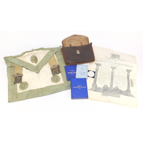 1564 - Freemason's sash, leather pouch and certificate and calendar