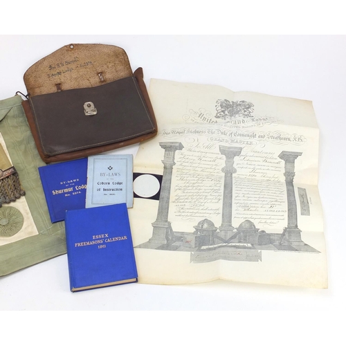 1564 - Freemason's sash, leather pouch and certificate and calendar