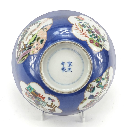 367 - Chinese blue ground porcelain bowl hand painted in the famille rose palette with panels of figures, ... 