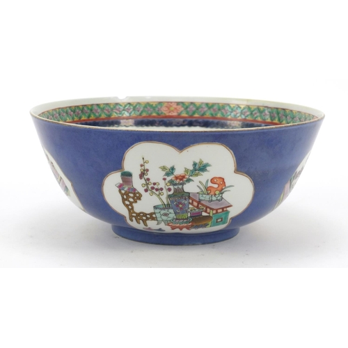 367 - Chinese blue ground porcelain bowl hand painted in the famille rose palette with panels of figures, ... 