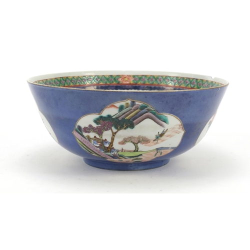 367 - Chinese blue ground porcelain bowl hand painted in the famille rose palette with panels of figures, ... 