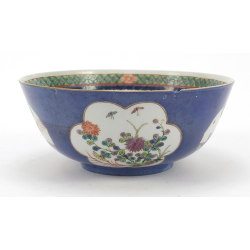 367 - Chinese blue ground porcelain bowl hand painted in the famille rose palette with panels of figures, ... 