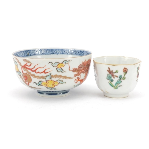 448 - Two Chinese porcelain bowls including one hand painted with a dragon and phoenix chasing a flaming p... 