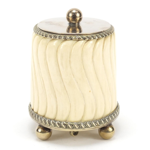 504 - 19th century carved ivory tea caddy with silver plated mounts on ball feet, 11cm high