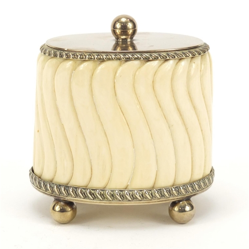 504 - 19th century carved ivory tea caddy with silver plated mounts on ball feet, 11cm high