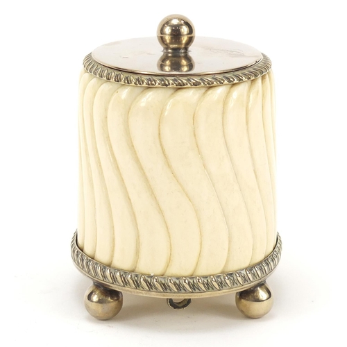 504 - 19th century carved ivory tea caddy with silver plated mounts on ball feet, 11cm high