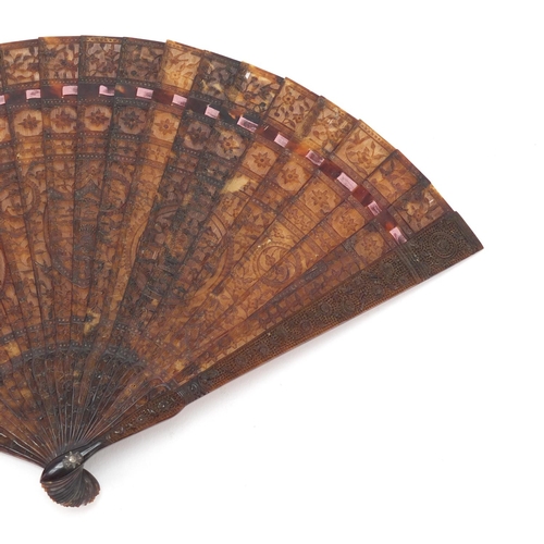 14 - Chinese Canton tortoiseshell brisé fan, finely carved with panels of pagodas amongst flowers and bir... 