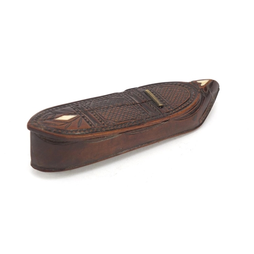 122 - 19th century carved treen shoe snuff box with ivory inlay, 10.5cm in length
