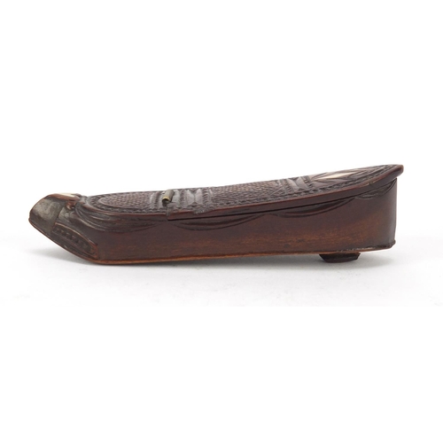 122 - 19th century carved treen shoe snuff box with ivory inlay, 10.5cm in length
