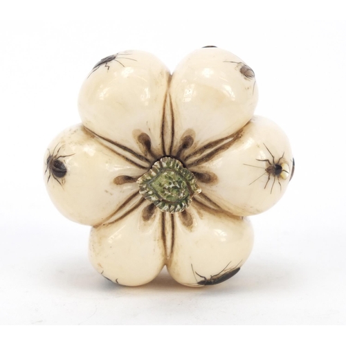 259 - Japanese Shibayama ivory fruit inlaid with insects, carved with character marks, 5.5cm in diameter