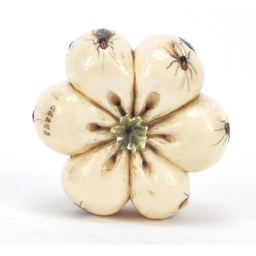 259 - Japanese Shibayama ivory fruit inlaid with insects, carved with character marks, 5.5cm in diameter