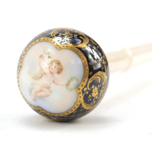 347 - 19th century segmented ivory ladies walking stick with Continental porcelain pommel in the style of ... 