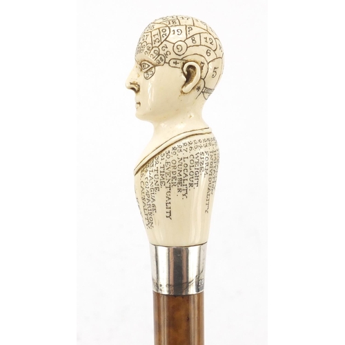 346 - Malacca walking stick with carved ivory phrenology head pommel and silver mount, Thomas Davis, Londo... 