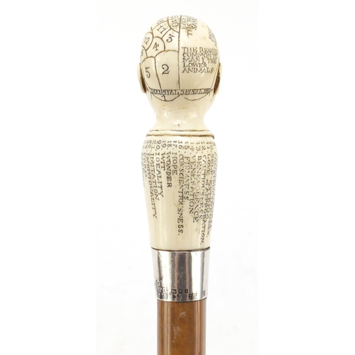 346 - Malacca walking stick with carved ivory phrenology head pommel and silver mount, Thomas Davis, Londo... 