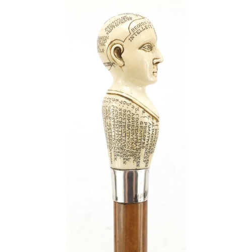 346 - Malacca walking stick with carved ivory phrenology head pommel and silver mount, Thomas Davis, Londo... 