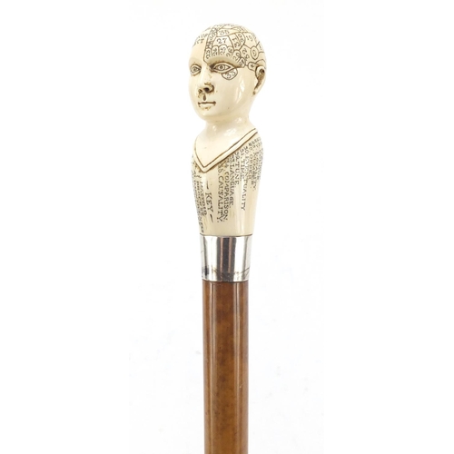 346 - Malacca walking stick with carved ivory phrenology head pommel and silver mount, Thomas Davis, Londo... 