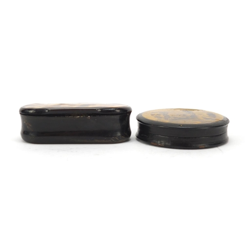 123 - 19th century horn and blonde tortoiseshell snuff box and a papier-mâché example, the largest 10cm wi... 