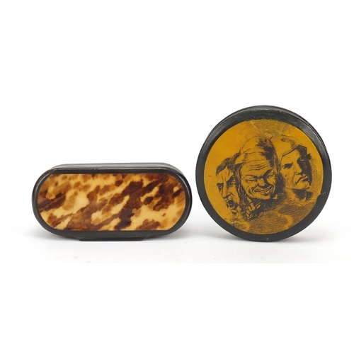123 - 19th century horn and blonde tortoiseshell snuff box and a papier-mâché example, the largest 10cm wi... 