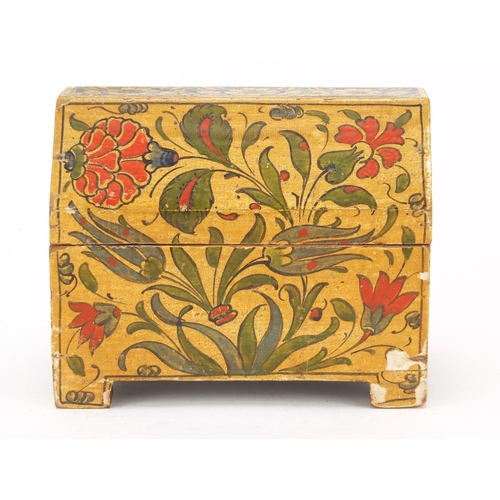 247 - Antique Turkish lacquered wood casket hand painted with flowers, 12cm H x 14.5cm W x 8.5cm D