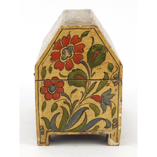 247 - Antique Turkish lacquered wood casket hand painted with flowers, 12cm H x 14.5cm W x 8.5cm D