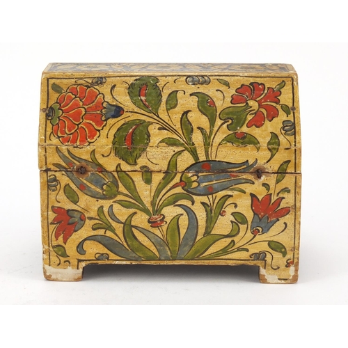 247 - Antique Turkish lacquered wood casket hand painted with flowers, 12cm H x 14.5cm W x 8.5cm D