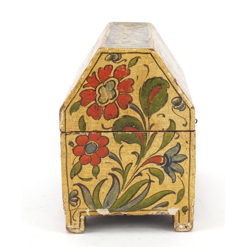 247 - Antique Turkish lacquered wood casket hand painted with flowers, 12cm H x 14.5cm W x 8.5cm D