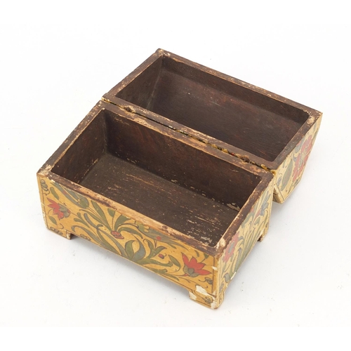 247 - Antique Turkish lacquered wood casket hand painted with flowers, 12cm H x 14.5cm W x 8.5cm D