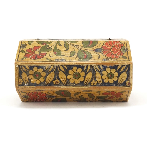 247 - Antique Turkish lacquered wood casket hand painted with flowers, 12cm H x 14.5cm W x 8.5cm D