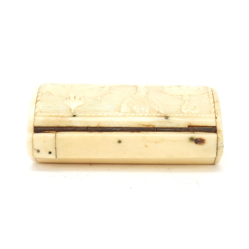 297 - Early 19th century bone snuff box carved with a town, inscribed Thos Munn Jnr, 8cm wide