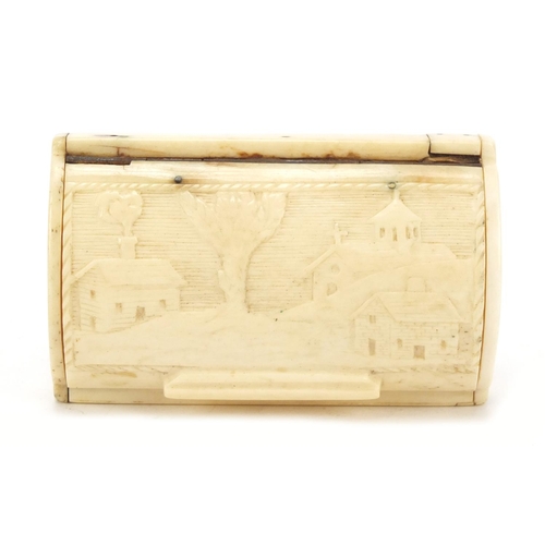 297 - Early 19th century bone snuff box carved with a town, inscribed Thos Munn Jnr, 8cm wide