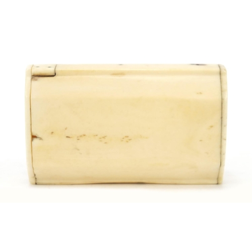 297 - Early 19th century bone snuff box carved with a town, inscribed Thos Munn Jnr, 8cm wide