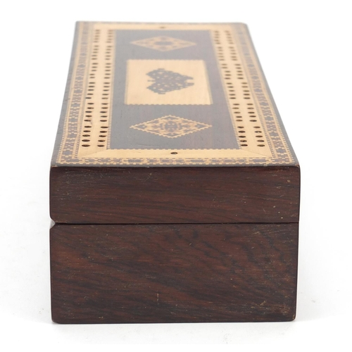 37 - Victorian Tunbridge ware card box with cribbage board hinged lid inlaid with a butterfly, 6cm H x 23... 
