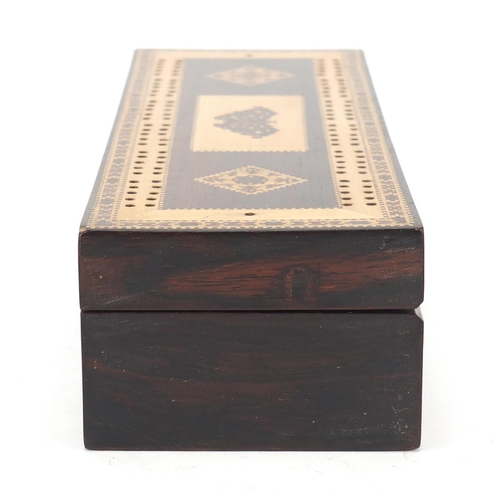 37 - Victorian Tunbridge ware card box with cribbage board hinged lid inlaid with a butterfly, 6cm H x 23... 