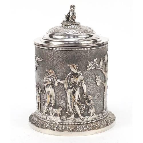 505 - 19th century Elkington & Co neo-classical silver plated biscuit box with cherub finial, decorated in... 