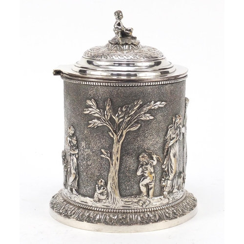 505 - 19th century Elkington & Co neo-classical silver plated biscuit box with cherub finial, decorated in... 