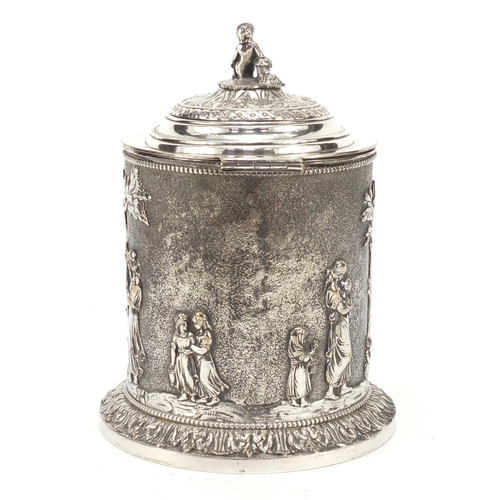 505 - 19th century Elkington & Co neo-classical silver plated biscuit box with cherub finial, decorated in... 