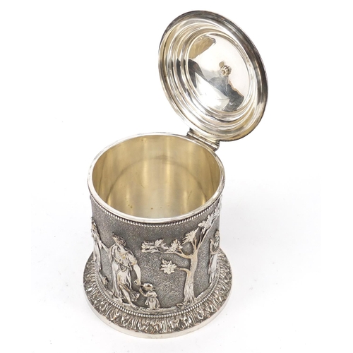 505 - 19th century Elkington & Co neo-classical silver plated biscuit box with cherub finial, decorated in... 